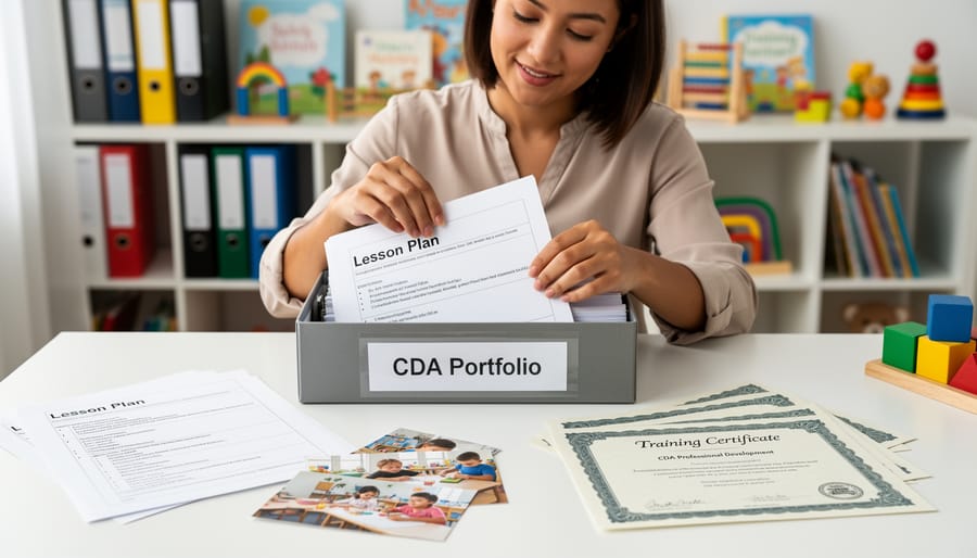 Early childhood educator organizing documents and materials for CDA portfolio