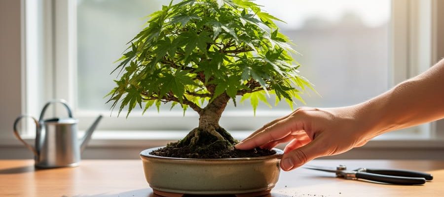Healthy Japanese maple bonsai in a ceramic pot on a wooden table by a bright window, with a person’s finger testing soil moisture; small watering can and pruning shears softly blurred in the background.