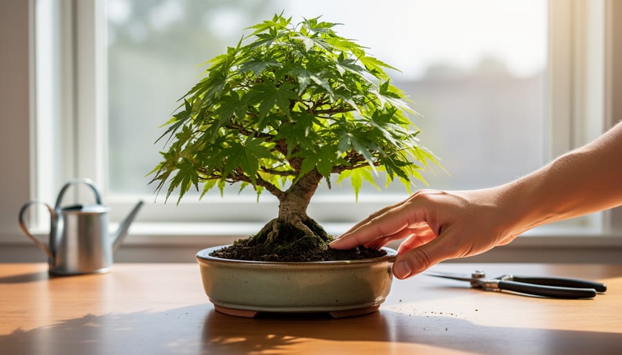 Healthy Japanese maple bonsai in a ceramic pot on a wooden table by a bright window, with a person’s finger testing soil moisture; small watering can and pruning shears softly blurred in the background.