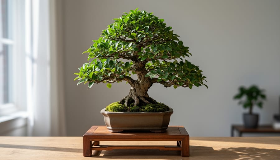 Healthy Japanese maple bonsai tree in ceramic pot on wooden table