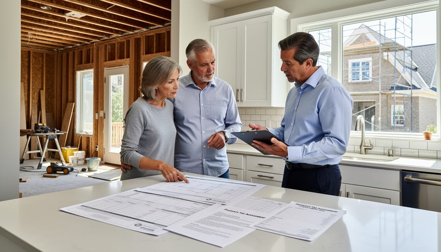 Homeowner reviewing renovation plans in partially remodeled kitchen during construction