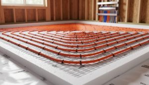 Orange PEX radiant heating loops zip-tied to wire mesh over vapor barrier and edge insulation in a residential concrete slab, with blurred timber framing and manifold area in the background under soft natural light.