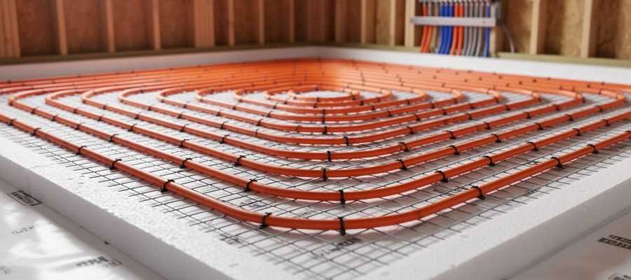 Orange PEX radiant heating loops zip-tied to wire mesh over vapor barrier and edge insulation in a residential concrete slab, with blurred timber framing and manifold area in the background under soft natural light.