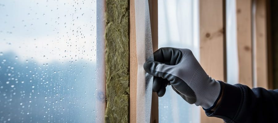 Close-up of a timber stud wall with mineral wool insulation and a clear vapor barrier, condensation droplets on the plastic as a gloved worker tapes the seam, with soft daylight and a blurred construction site in the background.