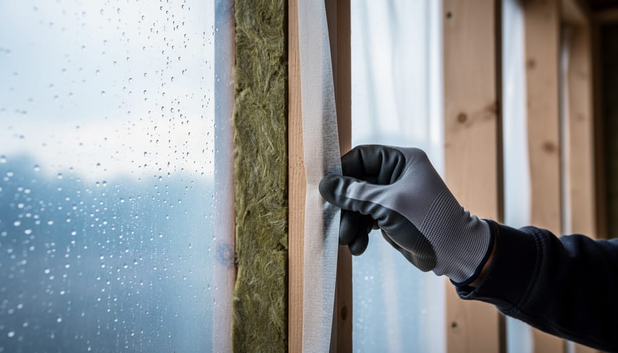 Close-up of a timber stud wall with mineral wool insulation and a clear vapor barrier, condensation droplets on the plastic as a gloved worker tapes the seam, with soft daylight and a blurred construction site in the background.