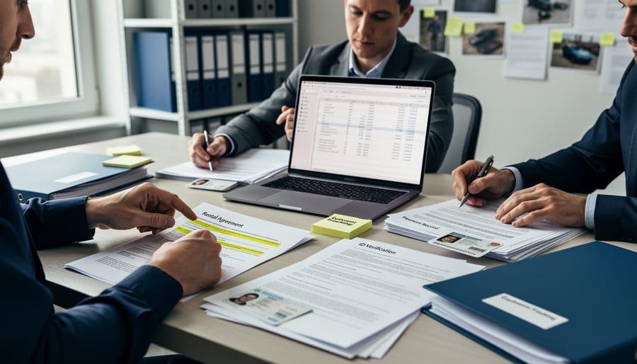 Investigator reviewing rental documents and identification records on desk