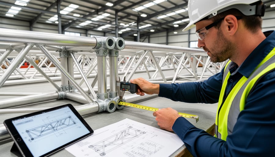Engineer's hands measuring wooden truss member with ruler and pencil
