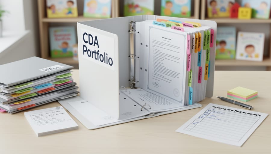 Open three-ring binder portfolio with organized dividers and educational materials