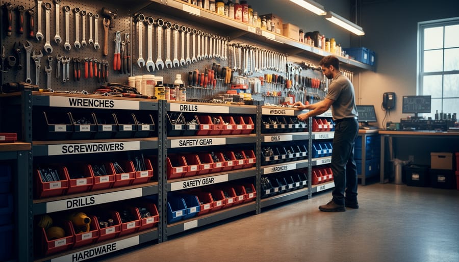 Organized storage unit interior with tools arranged on shelving systems