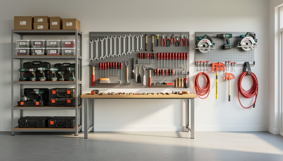 Organized garage workshop wall showing various tool storage solutions including pegboard and shelving