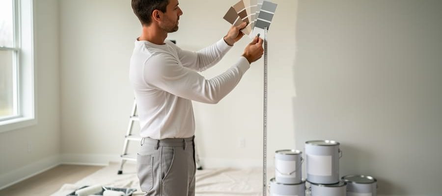 Professional painter measuring an interior wall while holding paint swatches, with a ladder, drop cloths, rollers, and sealed paint cans in a softly lit living room background.