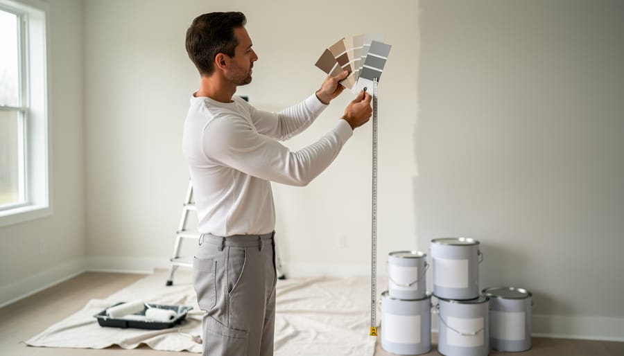 Professional painter measuring an interior wall while holding paint swatches, with a ladder, drop cloths, rollers, and sealed paint cans in a softly lit living room background.