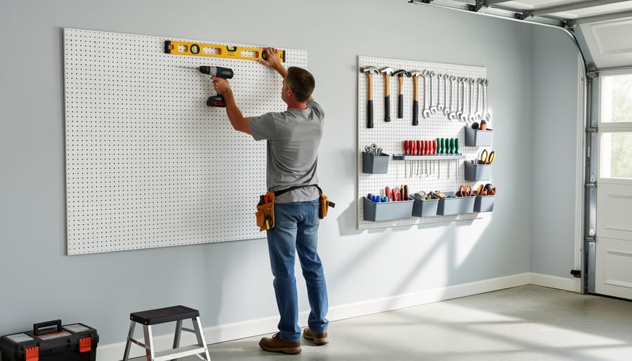 Person installing pegboard on workshop wall using cordless drill