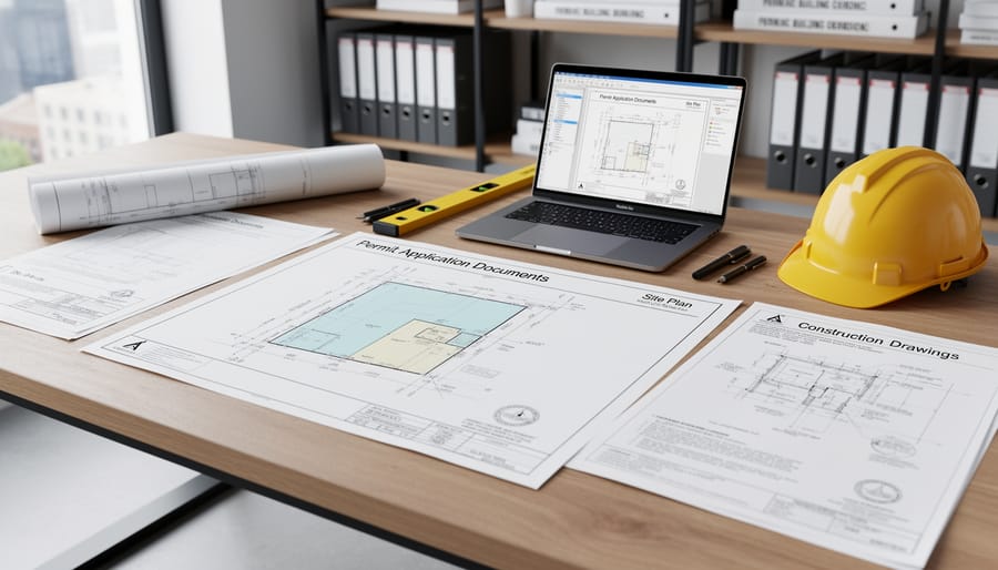 Building permit documents and architectural blueprints on desk with measuring tools