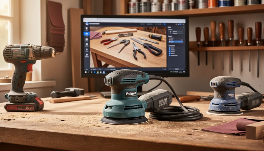 Craftsperson using orbital sander on wooden furniture surface in workshop