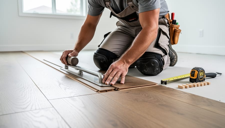 Professional installer demonstrating proper use of tapping block and pull bar on laminate flooring
