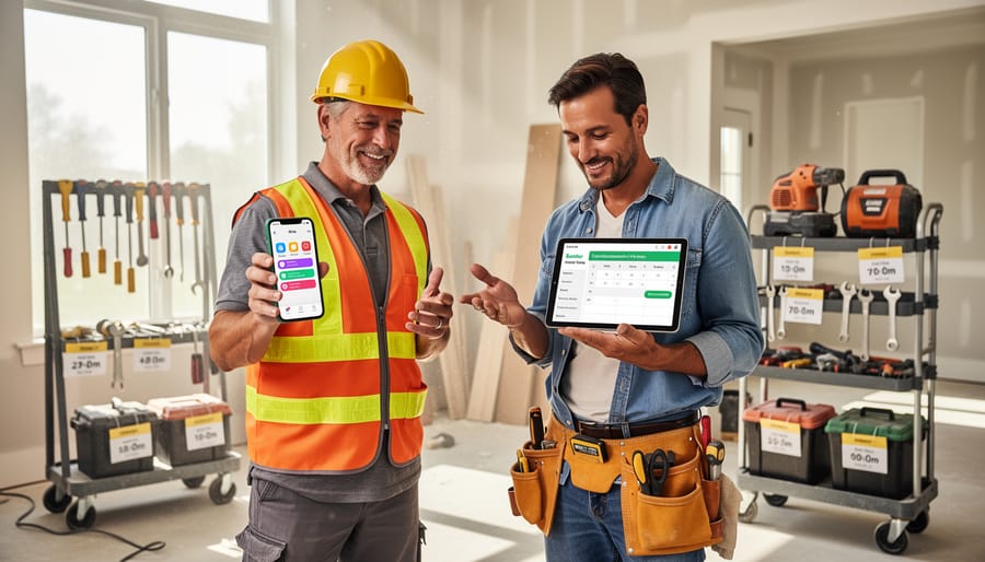 Digital calendar with rental scheduling next to construction safety equipment