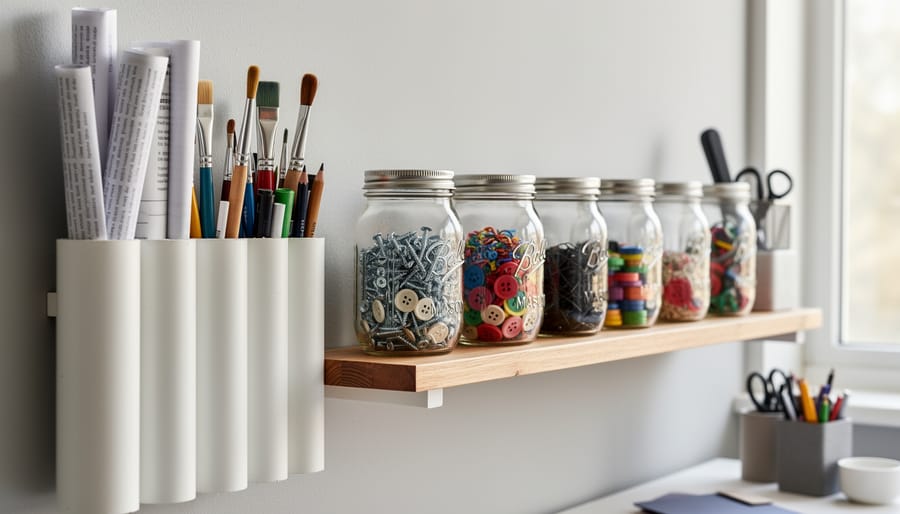 Repurposed PVC pipe holders and mason jars used for organizing tools and hardware on workbench