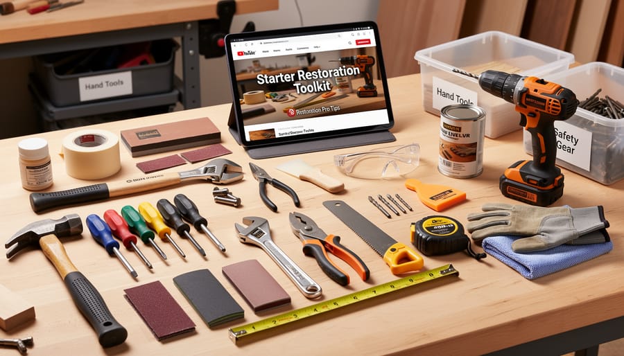Complete furniture restoration starter kit with essential tools laid out on workbench