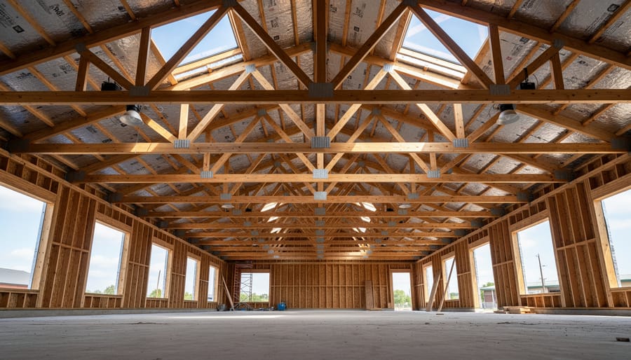 Wooden roof truss structure viewed from below showing triangular timber framework