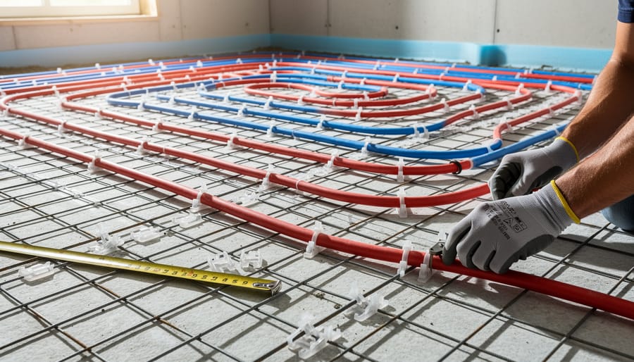 Worker securing PEX tubing to rebar with zip ties during installation