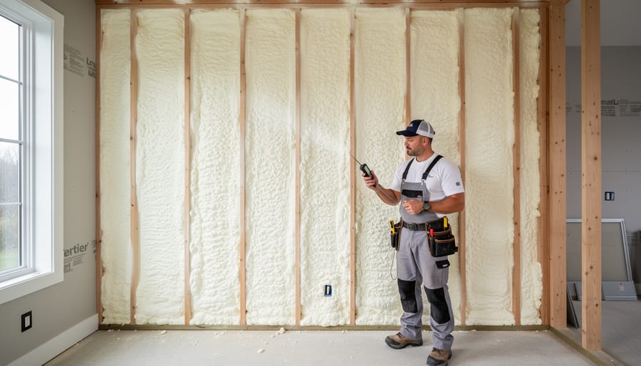Construction worker applying spray foam insulation between wall studs
