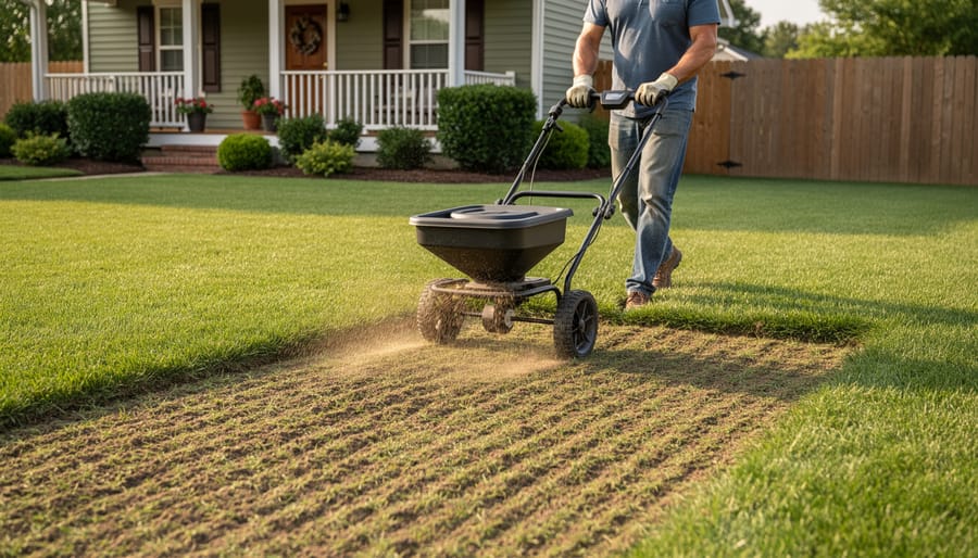 Overhead view of person using broadcast spreader to distribute grass seed on prepared lawn