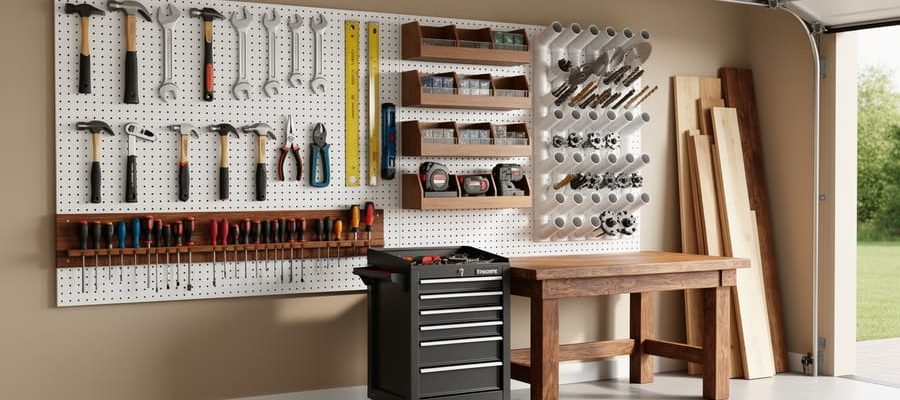 Eye-level wide photo of an organized workshop wall with pegboard tools, a magnetic strip suspending screwdrivers and pliers, PVC pipe holders for drill bits and saw blades, a French cleat rail with modular shelves, and a small mobile tool cart next to a wooden workbench under soft daylight.