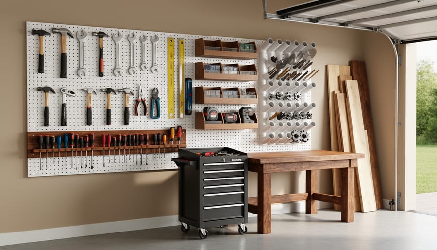 Eye-level wide photo of an organized workshop wall with pegboard tools, a magnetic strip suspending screwdrivers and pliers, PVC pipe holders for drill bits and saw blades, a French cleat rail with modular shelves, and a small mobile tool cart next to a wooden workbench under soft daylight.