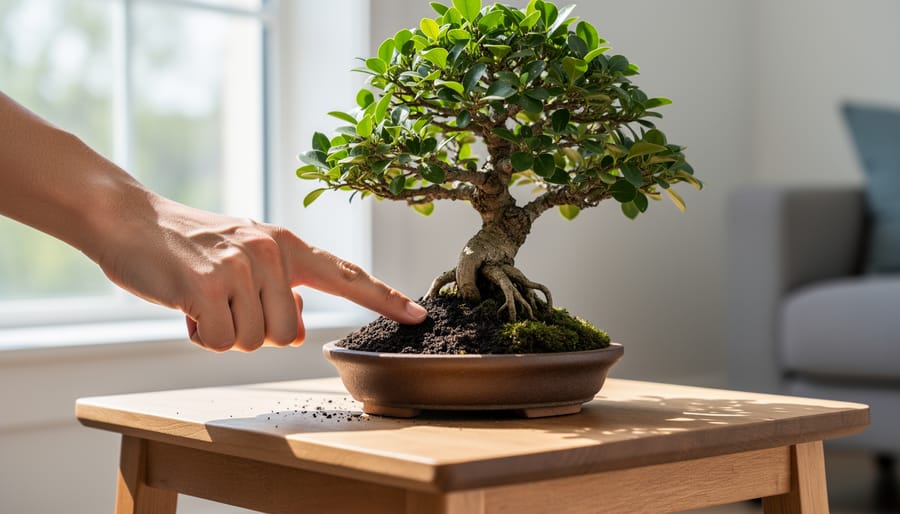 Close-up of finger testing moisture level in bonsai soil