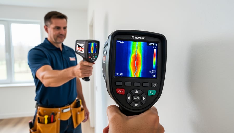 Professional using thermal imaging camera to detect moisture in building wall