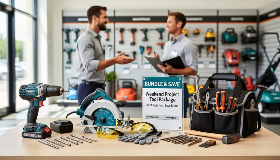 Complete set of tiling tools arranged as rental bundle including wet saw and accessories