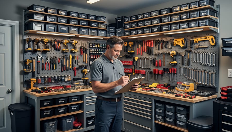 Overhead view of organized hand tools and power tools arranged by category on garage floor