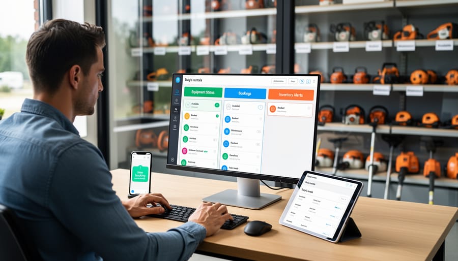 Tool owner checking equipment notifications in organized rental garage