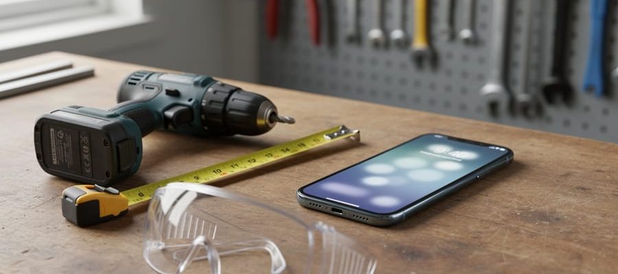 Smartphone glowing with new notifications on a wooden workshop bench next to a cordless drill, tape measure, and safety goggles, with a blurred pegboard of hanging tools in the background; no readable text on the screen.