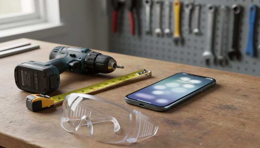 Smartphone glowing with new notifications on a wooden workshop bench next to a cordless drill, tape measure, and safety goggles, with a blurred pegboard of hanging tools in the background; no readable text on the screen.