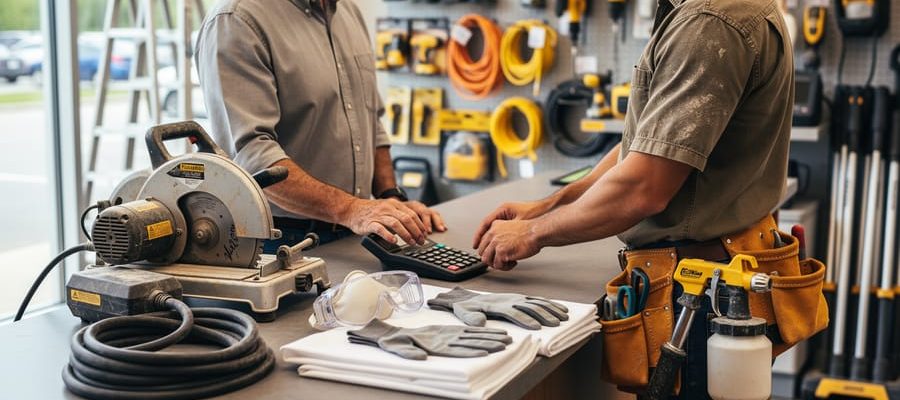 Tool rental owner and contractor calculating rates at a counter with bundled equipment—a tile saw with a wet vacuum and a paint sprayer with safety gear—against blurred shelves of power tools.