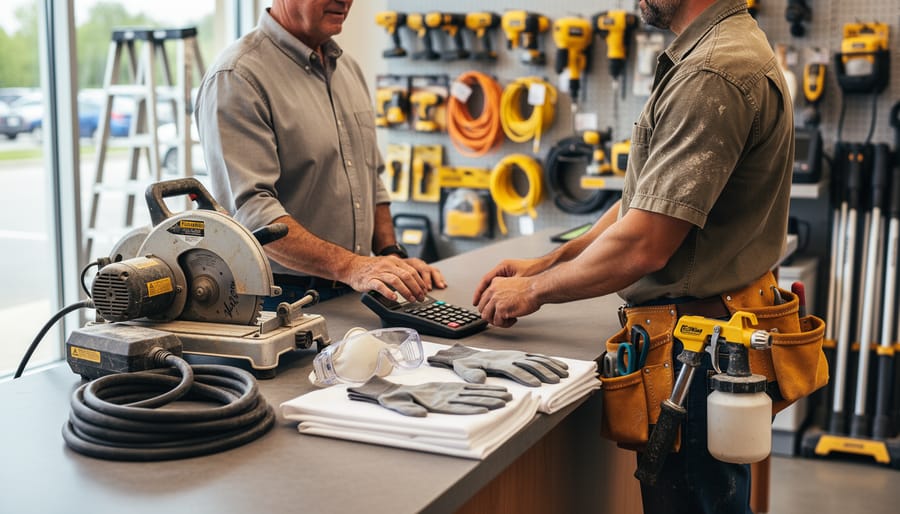 Tool rental owner and contractor calculating rates at a counter with bundled equipment—a tile saw with a wet vacuum and a paint sprayer with safety gear—against blurred shelves of power tools.