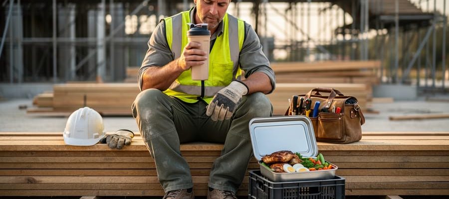 "Construction worker in a high-visibility vest holds a protein shaker and looks at a lunchbox with chicken, eggs, and vegetables on a jobsite, with blurred scaffolding and timber in late-afternoon light."