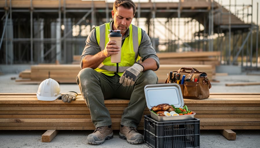 "Construction worker in a high-visibility vest holds a protein shaker and looks at a lunchbox with chicken, eggs, and vegetables on a jobsite, with blurred scaffolding and timber in late-afternoon light."