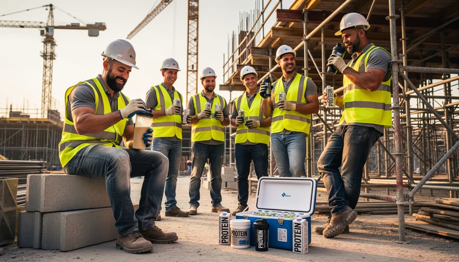 Construction worker drinking protein shake at job site during break