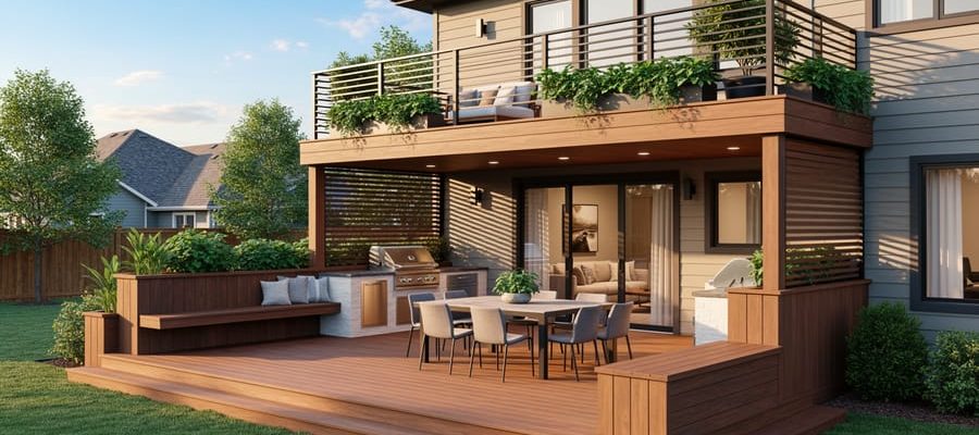 Two-story backyard deck attached to a modern suburban home, with an upper-level lounge featuring privacy screens and planter boxes, and a lower-level dining area with a grill and built-in benches, photographed at golden hour with warm wood tones and lush greenery.