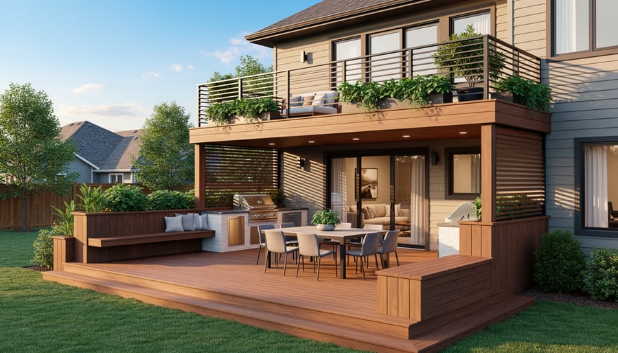 Two-story backyard deck attached to a modern suburban home, with an upper-level lounge featuring privacy screens and planter boxes, and a lower-level dining area with a grill and built-in benches, photographed at golden hour with warm wood tones and lush greenery.