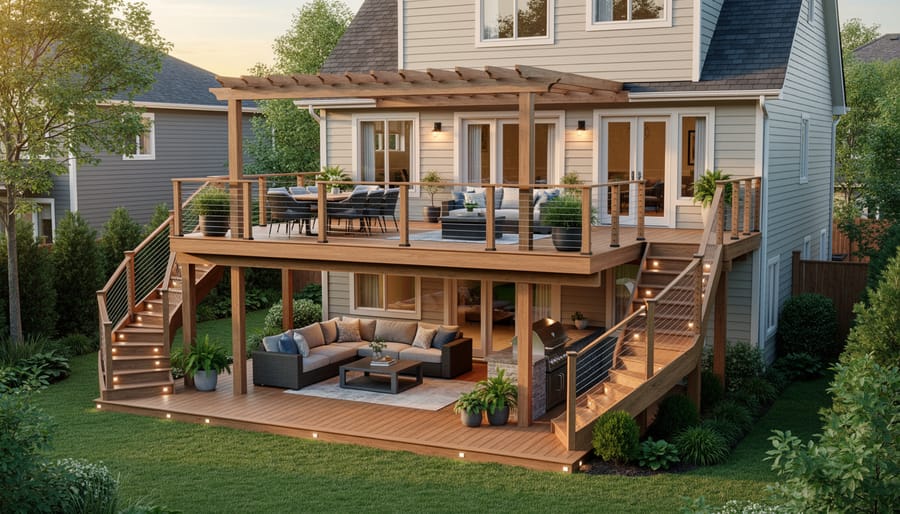 Two-story wooden deck with upper and lower levels attached to residential home