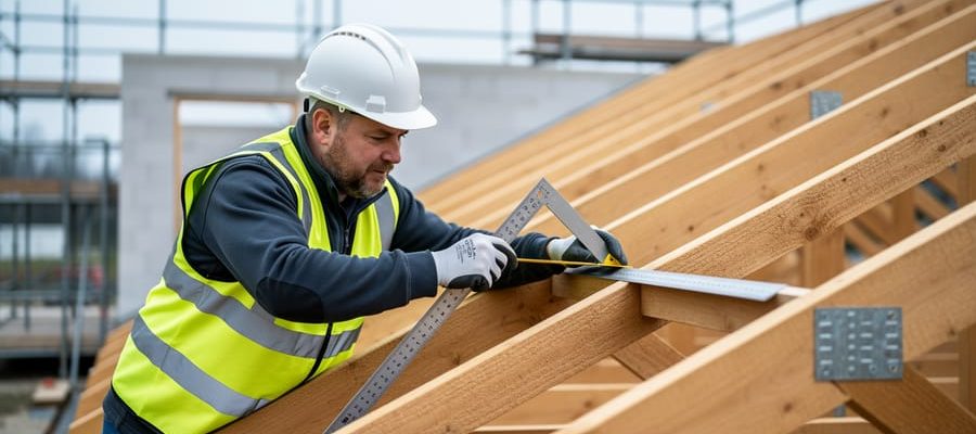 Builder in hi-vis and hard hat aligning a carpenter’s square against a timber roof truss on an active site, with soft overcast lighting and blurred scaffolding in the background.