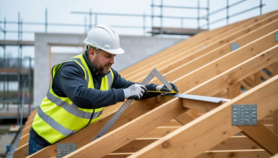 Builder in hi-vis and hard hat aligning a carpenter’s square against a timber roof truss on an active site, with soft overcast lighting and blurred scaffolding in the background.