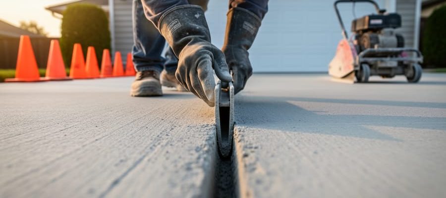 Ground-level close-up of a worker using a V-grooving hand tool to cut a straight control joint in freshly finished concrete, with golden side light and blurred safety cones and a walk-behind saw in the background.