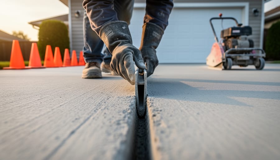 Ground-level close-up of a worker using a V-grooving hand tool to cut a straight control joint in freshly finished concrete, with golden side light and blurred safety cones and a walk-behind saw in the background.