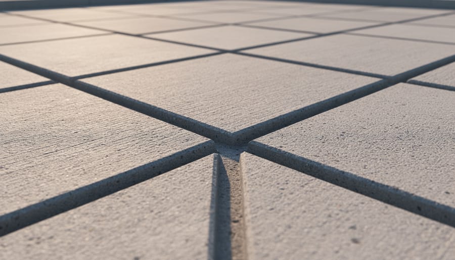 Close-up view of V-shaped grooves cut into concrete surface showing precise edges and depth