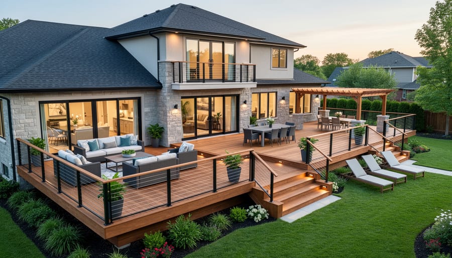 Wraparound two-story deck extending around corner of house with outdoor furniture